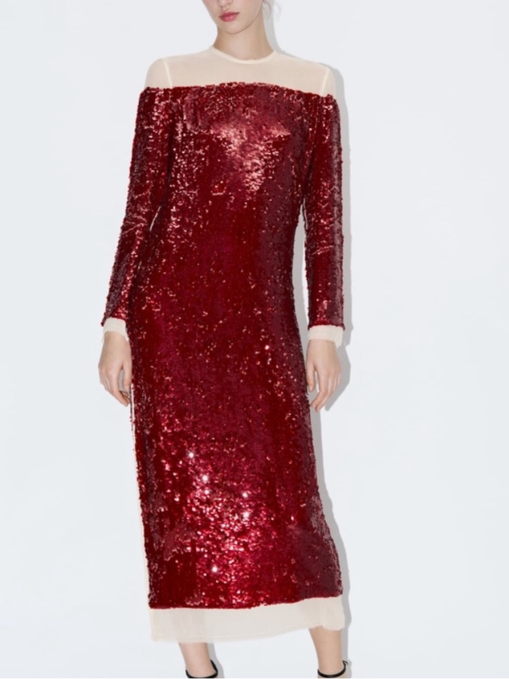 ZARA Red Sequin Sheer Long Sleeve Midi Dress NWT
